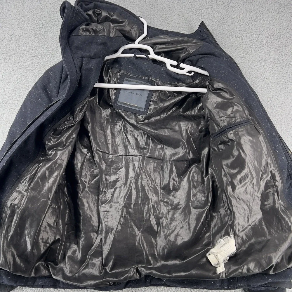 Zara‎ Man Wool Blend Jacket Hooded Pockets Blue Mens Small Winter Coat